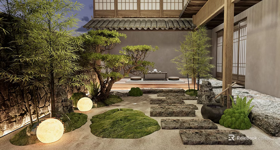 Traditional Japanese Courtyard Garden With Stone Steps Moss Bamboo And Illuminated Lanterns 3d model 