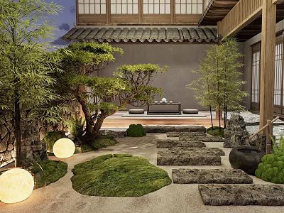 Traditional Japanese Courtyard Garden With Stone Steps Moss Bamboo And Illuminated Lanterns 3d model