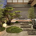 Traditional Japanese Courtyard Garden With Stone Steps Moss Bamboo And Illuminated Lanterns
