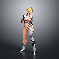 Blonde Female Character In Futuristic White And Blue Outfit With Mechanical Parts Standing Pose