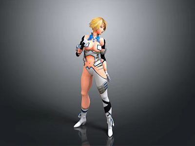 Blonde Female Character In Futuristic White And Blue Outfit With Mechanical Parts Standing Pose 3d model