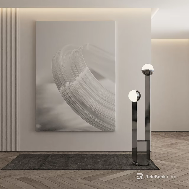 Abstract Black and White Wall Mounted Sculpture in Minimalist Interior with Modern Floor Lamps 3d model 