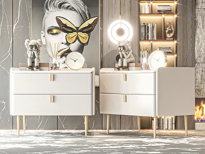 Elegant White Bedside Tables With Clock Decor Items Bookshelf Lamp And Fireplace Artwork 3d model