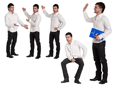 Group of Men in White Shirts And Black Pants in Various Poses Holding Blue Folder 3d model