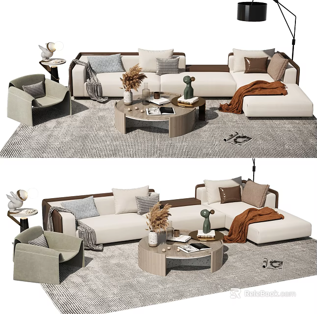 Modern Sofa And Coffee Table Set Interior With Throw Pillows Blanket And Vase 3d model