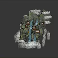 Traditional Thatched Roof Houses Amid Mountain Waterfall Clouds and Lush Green Vegetation