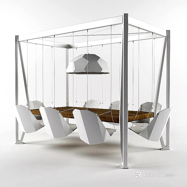 Modern Wooden Conference Table With White Chairs And Geometric Pendant Light 3d model 