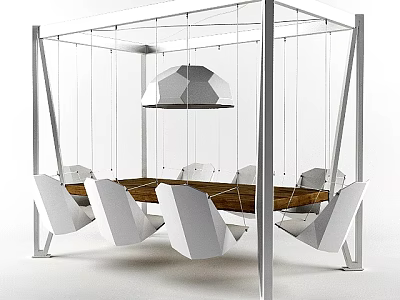Modern Wooden Conference Table With White Chairs And Geometric Pendant Light 3d model