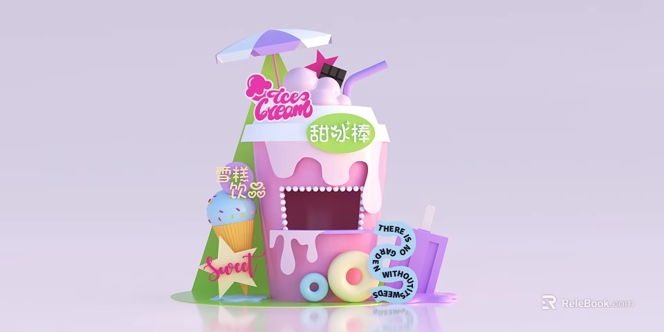 Colorful Mall Hall Ice Cream Stand With Cone Donut Popsicle And Sweet Drinks 3d model 