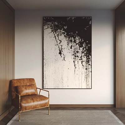 Brown Leather Chair With Black White Abstract Painting Hanging On Wall In Minimalist Room 3d model