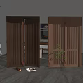 Modern Wooden Double Doors With Vertical Slats In Interior Space With Potted Plant And Mirror