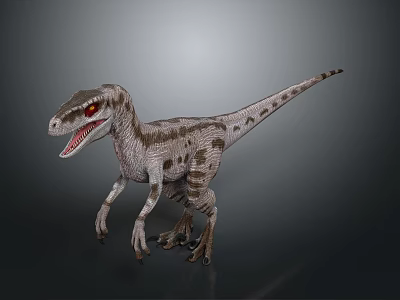 Velociraptor Dinosaur with Spotted Skin Red Eyes Open Mouth Standing Pose Against Dark Background 3d model