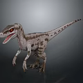 Velociraptor Dinosaur with Spotted Skin Red Eyes Open Mouth Standing Pose Against Dark Background