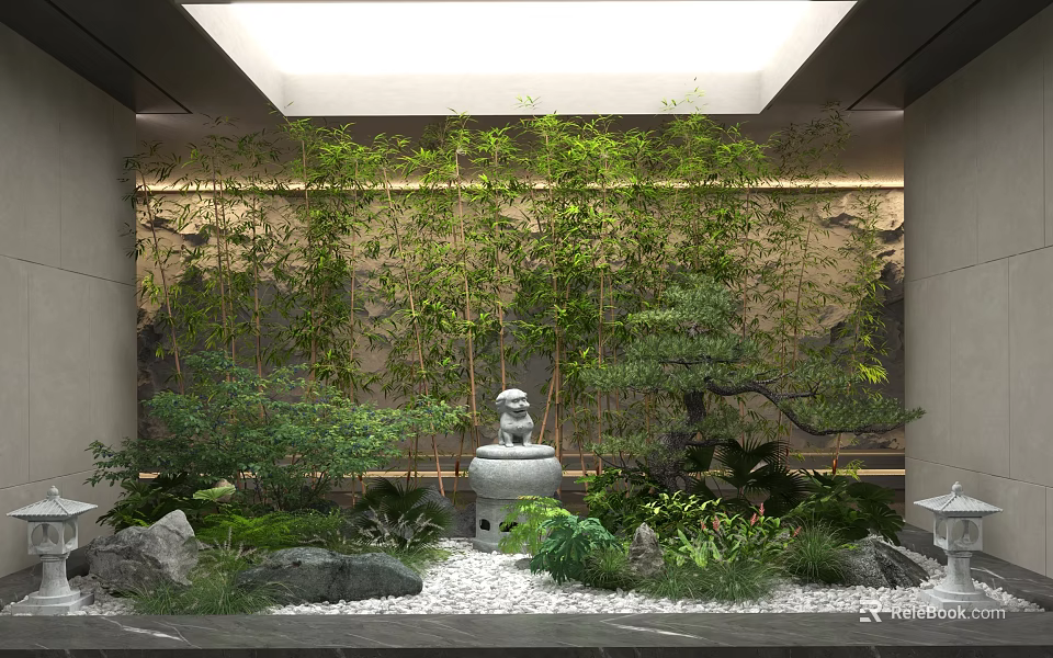 Traditional Garden Ornament Featuring Bamboo Plants Stone Wall Stone Lion Statue And Pebbles 3d model 