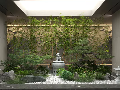 Traditional Garden Ornament Featuring Bamboo Plants Stone Wall Stone Lion Statue And Pebbles 3d model