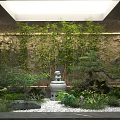 Traditional Garden Ornament Featuring Bamboo Plants Stone Wall Stone Lion Statue And Pebbles