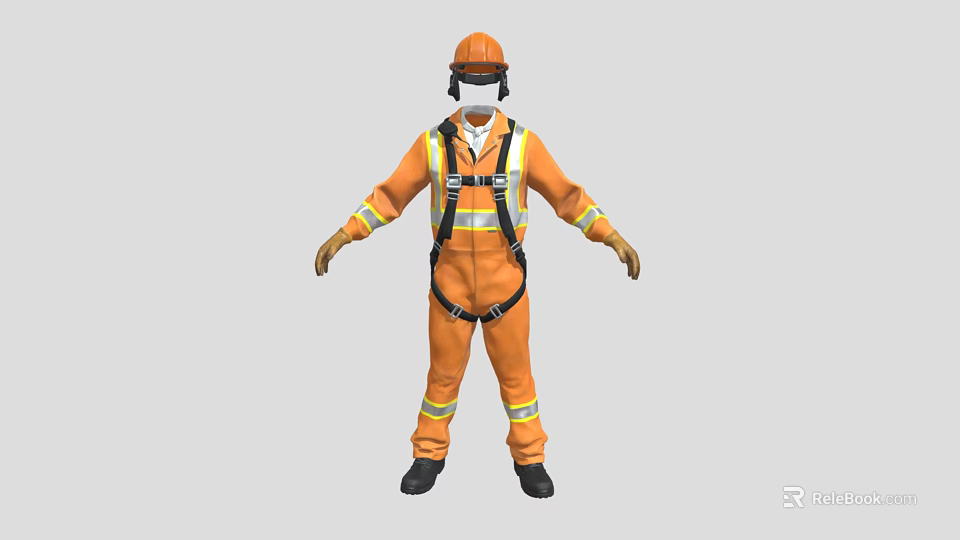 Firefighting Equipment Featuring Orange Suit With Reflective Strips And Safety Harness 3d model 