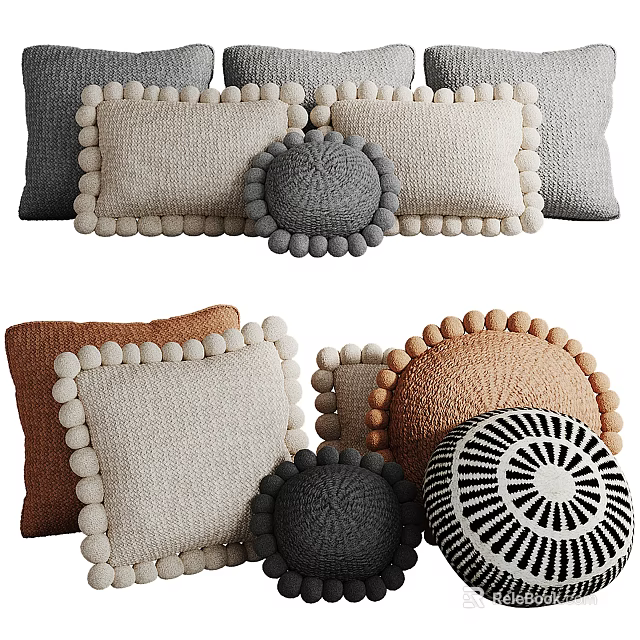 Colorful Knitted Decorative Pillows With Pom Pom Edges And Patterned Designs 3d model 