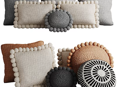 Colorful Knitted Decorative Pillows With Pom Pom Edges And Patterned Designs 3d model