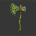 Decorative Axe With Green Yellow Patterns And Carved Wooden Handle