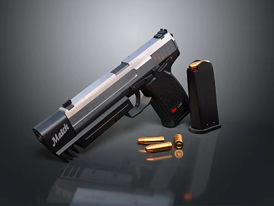 Modern Black and Silver Pistol with Magazine and Brass Bullets on Dark Surface 3d model