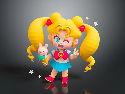 Cute Cartoon Girl With Blonde Pigtails Holding Rabbit Plush And Sparkling Stars 3d model