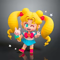 Cute Cartoon Girl With Blonde Pigtails Holding Rabbit Plush And Sparkling Stars