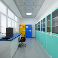 Wine Rack in Laboratory with Lab Benches Green Cabinets and Large Windows