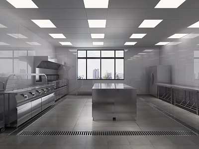 Professional Commercial Kitchen Interior With Stainless Steel Worktable And Ventilation Hood 3d model