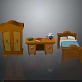 Wooden Bedroom Furniture Set Featuring Wardrobe Desk Bed and Books on Desk with Flower Vase