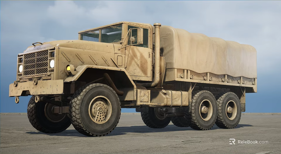 Desert Tan Military Cargo Truck With Canvas Covered Bed Large Off Road Tires 3d model 