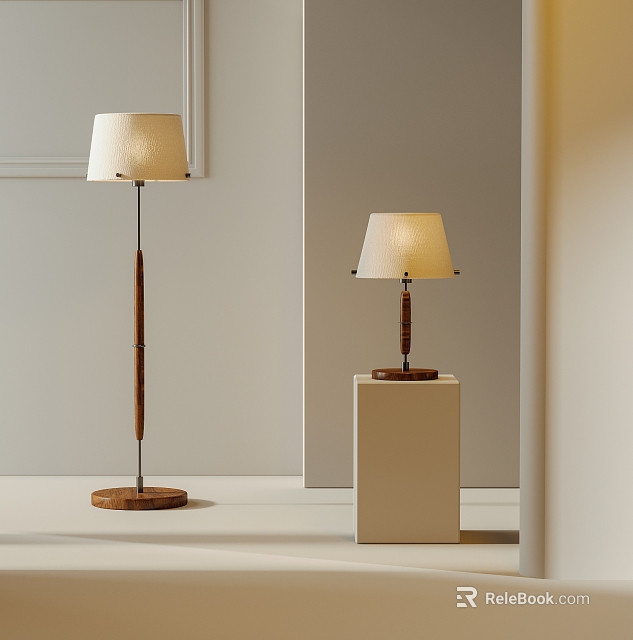 Floor Lamp With Wooden Base And Beige Shade In Minimalist Room 3d model 