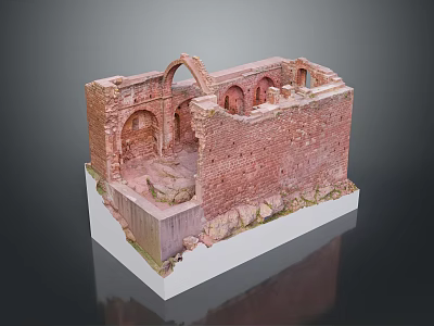 Ancient Red Brick Building Ruins Model With Arched Windows And Stone Base 3d model