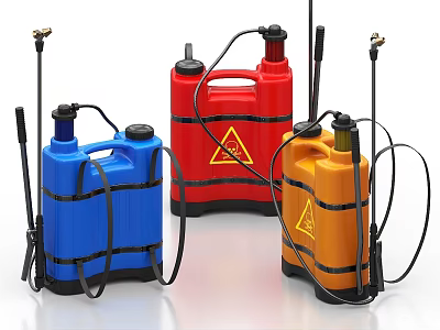 Industrial Manual Sprayers in Blue Red and Orange with Black Nozzles Handles and Warning Signs 3d model