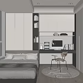 Modern Tatami Bedroom Interior With Bed Desk Chair And Built In Bookshelf Cabinets
