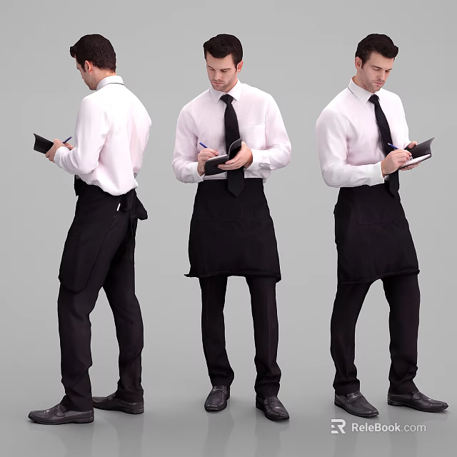 Men in White Shirts Black Ties and Black Aprons Holding Notebooks Taking Notes 3d model 