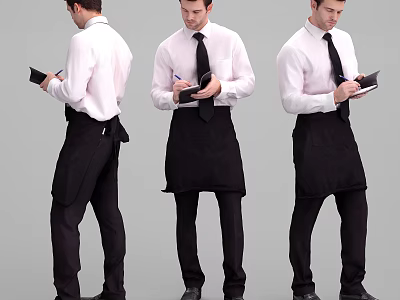 Men in White Shirts Black Ties and Black Aprons Holding Notebooks Taking Notes 3d model