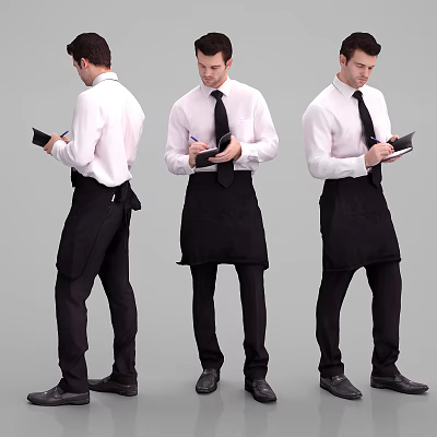 Men in White Shirts Black Ties and Black Aprons Holding Notebooks Taking Notes 3d model Men in White Shirts Black Ties and Black Aprons Holding Notebooks Taking Notes 3d model