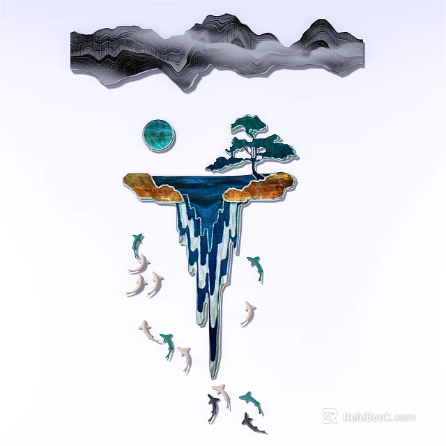Creative Wall Decor With Island Tree Moon Waterfall Design And Dolphins 3d model 