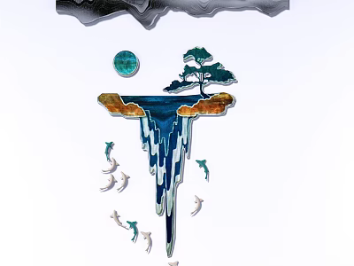 Creative Wall Decor With Island Tree Moon Waterfall Design And Dolphins 3d model
