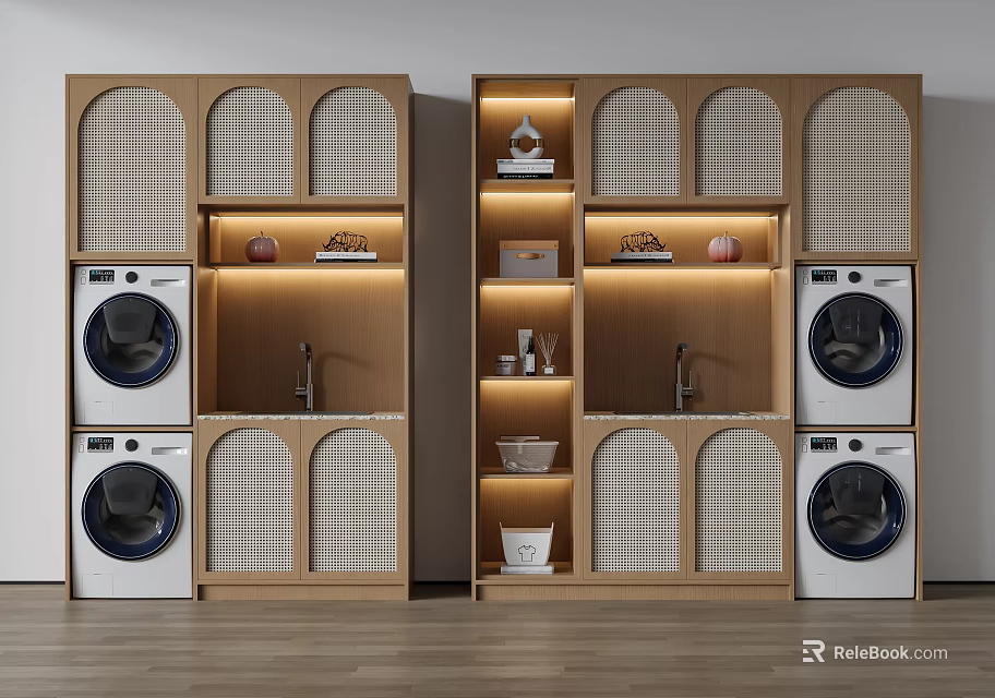Modern Laundry Room Design With Wooden Cabinets Plaid Panels And Washing Machines 3d model 