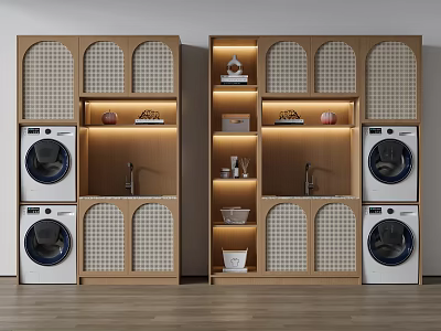 Modern Laundry Room Design With Wooden Cabinets Plaid Panels And Washing Machines 3d model