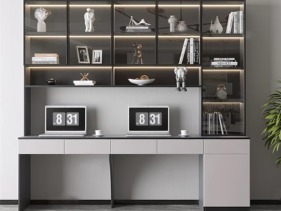 Modern Home Office Desk With Dual Monitors Bookshelf And Decorative Sculptures 3d model
