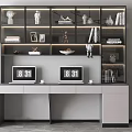 Modern Home Office Desk With Dual Monitors Bookshelf And Decorative Sculptures