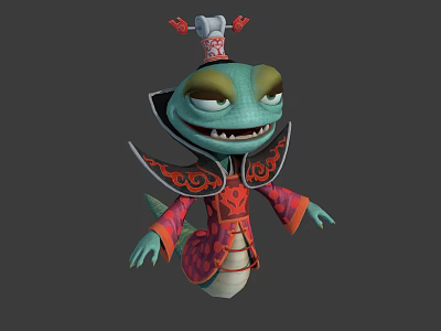 Anthropomorphic Lizard Character in Decorative Red Robe with Ornate Hat and Traditional Patterns 3d model