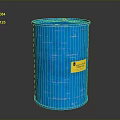 Standing Blue Barrel With Yellow Essential Label On Dark Reflective Surface