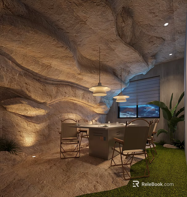 Private Dining Box Featuring Cave like Stone Walls Dining Table Hanging Pendant Lights And Green Plants 3d model 