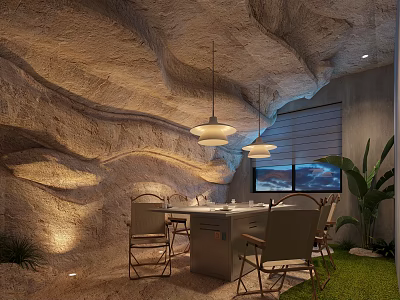 Private Dining Box Featuring Cave like Stone Walls Dining Table Hanging Pendant Lights And Green Plants 3d model