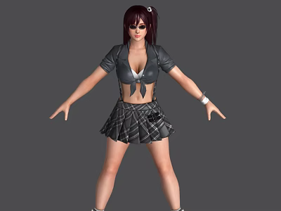 Woman with dark hair wearing sunglasses in black short sleeved top and plaid skirt 3d model