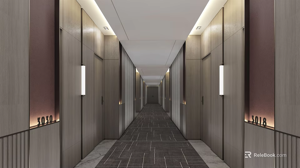Modern Hotel Corridor With Wooden Panel Walls Ceiling Lighting And Tile Flooring 3d model 